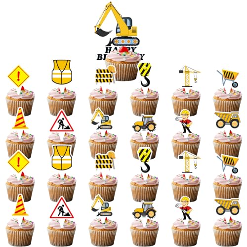 Straßenschild Baufahrzeug Cupcake Topper, 25 Stück Bagger Muffin Dekoration, Baufahrzeuge Happy Birthday Tortendeko für Geburtstag Themen Party Dekoration Supplies von Ormromra