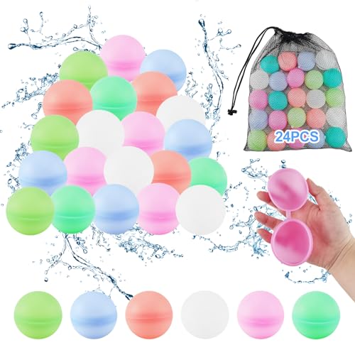 24 Stück Wiederverwendbare Wasserballons, Silikon Wasserbomben Bälle, Reusable Water Balloon, Wiederbefüllbare Wasserbomben, Wasserspielzeug Pool Spielzeug für Sommer von Ortviai