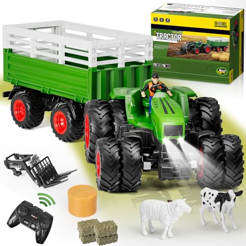 Orvyna RC Ferngesteuerter Traktor Spielzeug ab 2 Jahre mit Anhänger, 2.4 GHz Kinder Traktor Fernbedienung Spielzeug mit Hubgabel, Licht, Kuh, Schaf und Heuballen, Geschenk für Kinder ab 3-8 Jahre von Orvyna