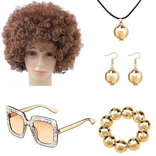 Disco Schmuck für Frauen der 70er Jahre, Disco-Zubehör-Set für Frauen – 5 Stück Disco-Kugel-Zubehör, Disco-Kostüm-Set der 70er Jahre, Afro-Perücke, Ohrringe, Mond Disco Schmuck für Frauen der 70er Jahre, Disco-Zubehör-Set für Frauen – 5 Stück Disco-Kugel-Zubehör, Disco-Kostüm-Set der 70er Jahre, Afro-Perücke, Ohrringe, Mond von Oseczmut