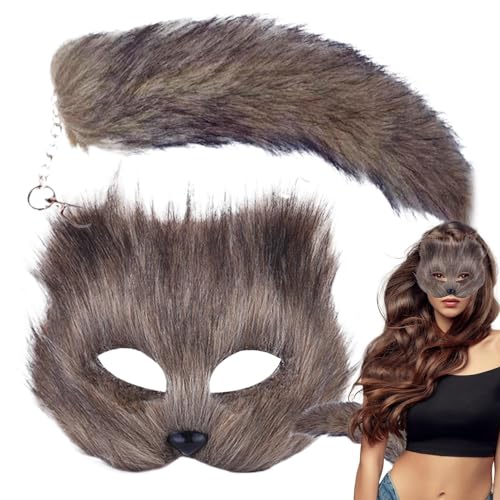 Oseczmut Tiermaske und Schwanz | Fellmaske und langer Fuchsschwanz | Tiermaske Set, Fuchsmaske, Pelzmaske, Halbgesichtsmaske, wiederverwendbar, für Zubehör von Oseczmut
