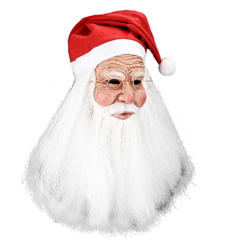 Oseczmut Weihnachtsmann-Maske | Latexmaske des Weihnachtsmanns | Komplette Latexmaske des Weihnachtsmanns mit Bart und rotem Hut für Erwachsene, Weihnachtsmann-Cosplay-Maske von Oseczmut