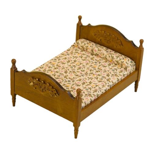 Oshhni 1/12 Puppenhaus-Bett, Puppenhaus-Miniatur-Bett, Mini-Bett aus Holz für Schlafzimmer-Dekoration von Oshhni