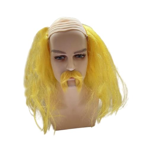Oshhni Baldkappe Perücke und Bart Balding Long mit Haaren auf den Seiten Kostümzubehör leicht zu Sorgen, um das Spielen von Halloween Comic Con zu pflegen, Gelb von Oshhni