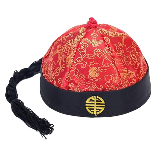 Oshhni Chinesischer orientalischer Hut mit Pferdeschwanz für Erwachsene, dekorative Vermieter-Mütze, Performance-Requisiten, Party-Cosplay-Mütze zum, rot und Schwarz von Oshhni