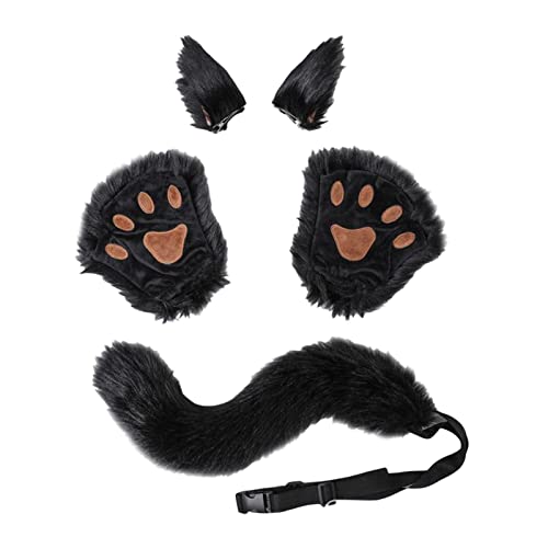 Oshhni Flauschiges Tierkostüm Zubehör-Set mit Ohren und Handschuhen für Halloween Cosplay Party, Schwarz von Oshhni