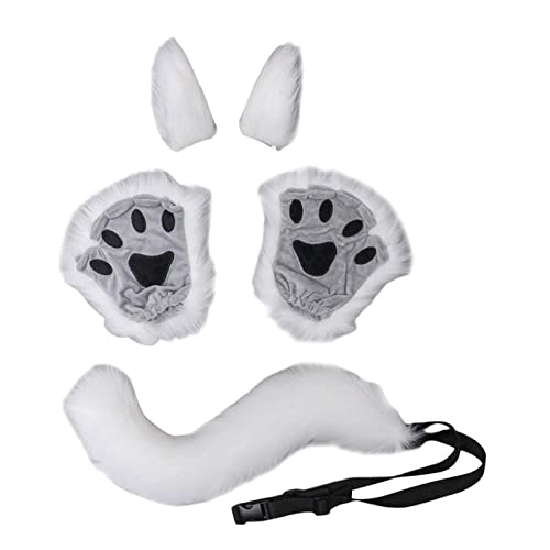 Oshhni Flauschiges Tierkostüm Zubehör-Set mit Ohren und Handschuhen für Halloween Cosplay Party, Weiß von Oshhni