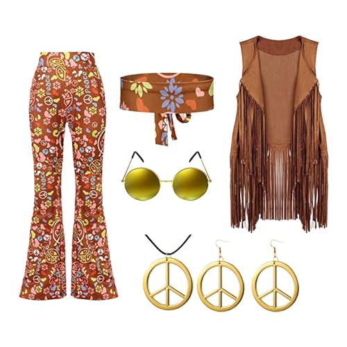 Oshhni Hippie-Kostüm-Set mit Fransen, Weste, Hose, Kopftuch, Damen, kreative, bequeme Kleidung, Requisiten für Maskerade, Karneval, Festivals, L von Oshhni