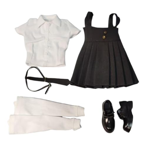 Oshhni Hosenträgerrock-Outfit im Maßstab 1/6, hohe Socken, Retro-Cosplay-Puppenkleidung, Krawatte und Schuhe für 12-Zoll-Puppenfigurenkostüm, Schwarz Und Weiß von Oshhni