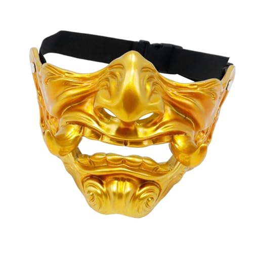 Oshhni Kopfgrimasse-Maske, japanische Maske, realistisch, Harz-Fantasie-Requisite, Samurai-Halbgesichtsmaske, gruselige Kopfmaske für Kostüm, Halloween, Gold von Oshhni