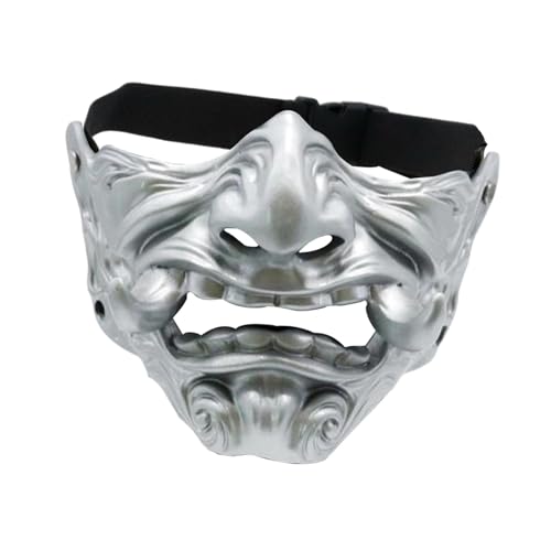 Oshhni Kopfgrimasse-Maske, japanische Maske, realistisch, Harz-Fantasie-Requisite, Samurai-Halbgesichtsmaske, gruselige Kopfmaske für Kostüm, Halloween, Silber von Oshhni