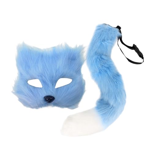 Oshhni Pelzige Maske und Schwanz Halloween-Maske für Mardi Gras Musik Festival Bar Dekoration, Blau von Oshhni