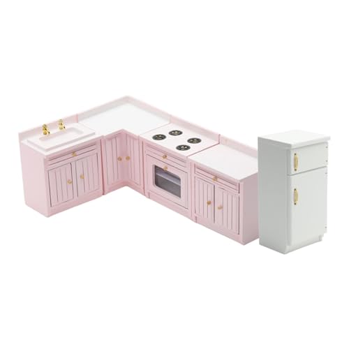 Oshhni Puppenhaus Küchenmöbel Bausatz 1:12 Holz Miniatur Puppenhaus Zubehör Kochtisch Schrank Modell, Rosa von Oshhni