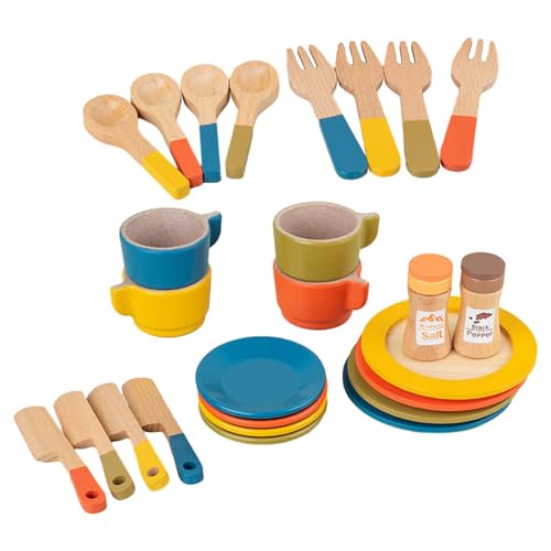 Oshhni Spielzeugteller aus Holz, Spielgeschirr für Kinder, Spielbesteck-Teller-Set, Montessori-Rollenspiel von Oshhni