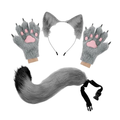 Oshhni Tierohr-Stirnband, Schwanz, Handschuhe, Set, Kostüm, Langer Schwanz für Bühnenauftritte, Grau Oshhni Tierohr-Stirnband, Schwanz, Handschuhe, Set, Kostüm, Langer Schwanz für Bühnenauftritte, Grau von Oshhni