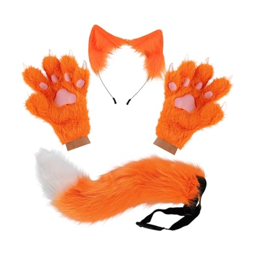 Oshhni Tierohr-Stirnband, Schwanz, Handschuhe, Set, Kostüm, Langer Schwanz für Bühnenauftritte, Orange von Oshhni