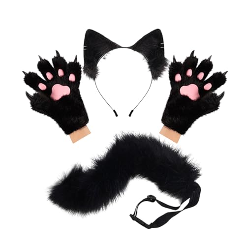 Oshhni Tierohr-Stirnband, Schwanz, Handschuhe, Set, Kostüm, Langer Schwanz für Bühnenauftritte, Schwarz Oshhni Tierohr-Stirnband, Schwanz, Handschuhe, Set, Kostüm, Langer Schwanz für Bühnenauftritte, Schwarz von Oshhni