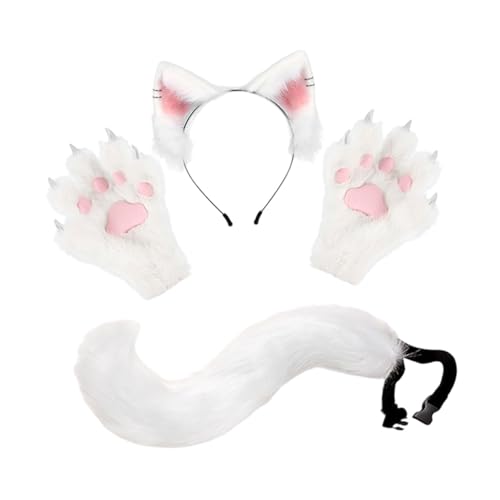 Oshhni Tierohr-Stirnband, Schwanz, Handschuhe, Set, Kostüm, Langer Schwanz für Bühnenauftritte, Weiß Oshhni Tierohr-Stirnband, Schwanz, Handschuhe, Set, Kostüm, Langer Schwanz für Bühnenauftritte, Weiß von Oshhni