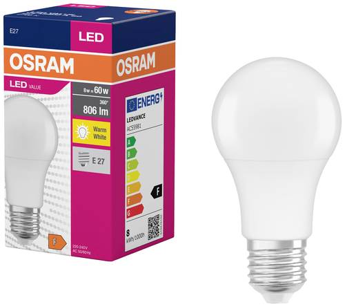 OSRAM 4099854109775 LED EEK F (A - G) E27 Glühlampenform 8.5W = 60W Warmweiß (Ø x H) 60mm x 60mm von Osram