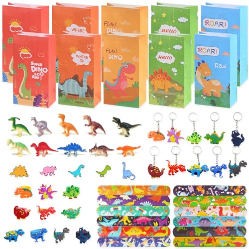 Osznmmg 57 Stück Kinder-Dinosaurier-Partytütenfüller, Dinosaurier-Partygeschenke, Dinosaurier-Glas-Partytütenfüller, Dinosaurier-Armband, Schlüsselanhänger, Ring, Brosche, Partyzubehör, Spielzeug für von Osznmmg