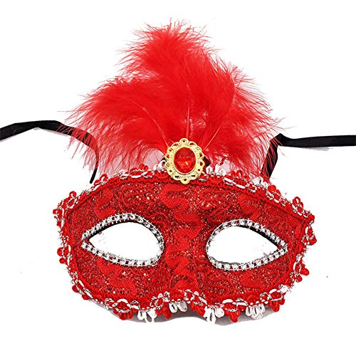 Ototon Venezianische Maske aus Spitze mit Feder, Strass, Maske, sexy Kostüm für Damen und Herren, Abend, Party (Rot) von Fitwish