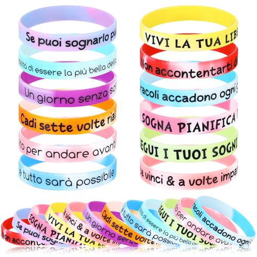 Otuuz 24 Silikon Motivationsarmbänder Sport Armbänder mit Sprüchen auf Italienisch 20 cm Bunte Armbänder Inspirierende Geschenke Mitgebsel für Teenager Kollegen Party Weihnachten(Mischfarbe) von Otuuz