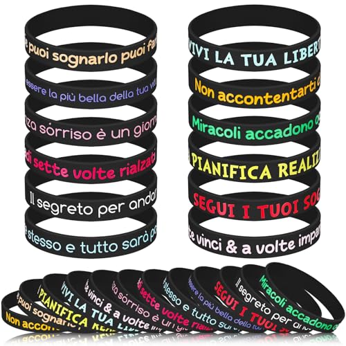 Otuuz 24 Silikon Motivationsarmbänder Sport Armbänder mit Sprüchen auf Italienisch 20 cm Bunte Armbänder Inspirierende Geschenke Mitgebsel für Teenager Kollegen Party Weihnachten(Schwarz) von Otuuz