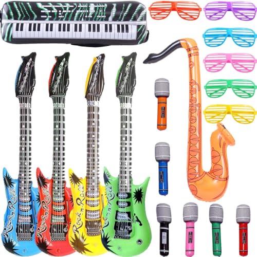 Aufblasbares Rockstern-Spielzeug-Set, 18 Stück aufblasbare Party-Requisiten – 4 aufblasbare Gitarre, 6 Mikrofone, 6 Shutter Shading Brille, 1 Saxophon und 1 aufblasbare Keyboard Klavier aufblasbares Felsenspielzeug von OuMuaMua
