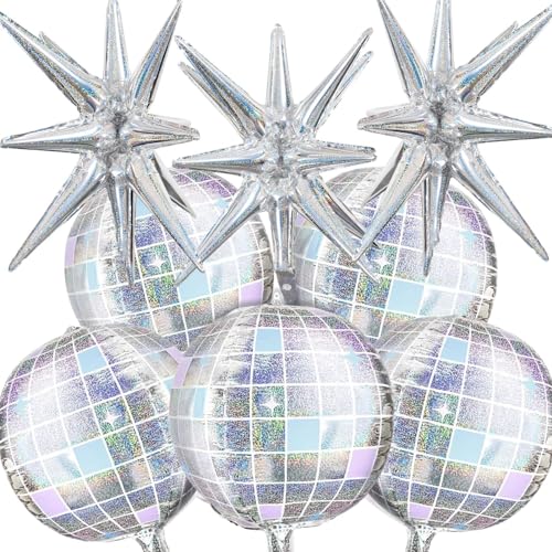OuMuaMua Discokugel-Ballons für 70er-Jahre-Party-Dekoration, 55,9 cm große 4D-schillernde Disco-Ballons mit Sternen für Disco-Mottoparty, Geburtstag, Neujahr, Weihnachtsdekoration, 8 Stück von OuMuaMua