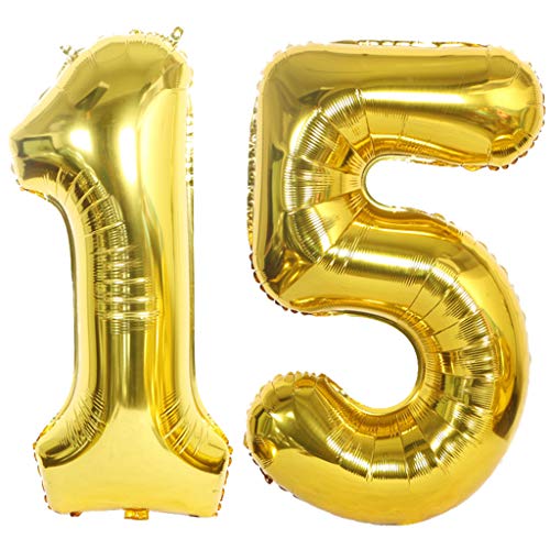 2 Luftballons Zahl 15 Gold, Ouceanwin Riesen Folienballon Nummer 15 XXL Helium Ballons Aufblasbar in 40", Zahlenballon 15 Gold für Geburtstag, Hochzeit, Jubiläum Party Dekoration (100cm) von Ouceanwin
