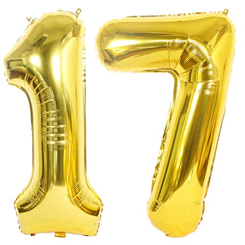 2 Luftballons Zahl 17 Gold, Ouceanwin Riesen Folienballon Nummer 17 XXL Helium Ballons Aufblasbar in 40", Zahlenballon 17 Gold für Geburtstag, Hochzeit, Jubiläum Party Dekoration (100cm) von Ouceanwin