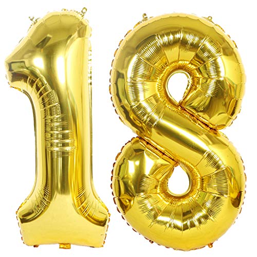 2 Luftballons Zahl 18 Gold, Ouceanwin Riesen Folienballon Nummer 18 XXL Helium Ballons Aufblasbar in 40", Zahlenballon 18 Gold für Geburtstag, Hochzeit, Jubiläum Party Dekoration (100cm) von Ouceanwin