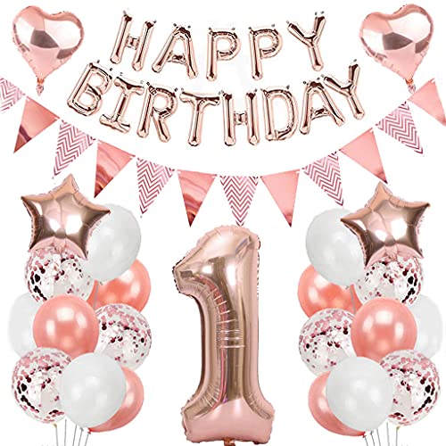 Ouceanwin Geburtstagsdeko 1 Jahre Mädchen, Rosegold Luftballon 1. Geburtstag Deko Set, Folienballon Zahl 1, Helium Ballon Happy Birthday Girlande für 1. Geburtstag Baby Girl Party Deko von Ouceanwin