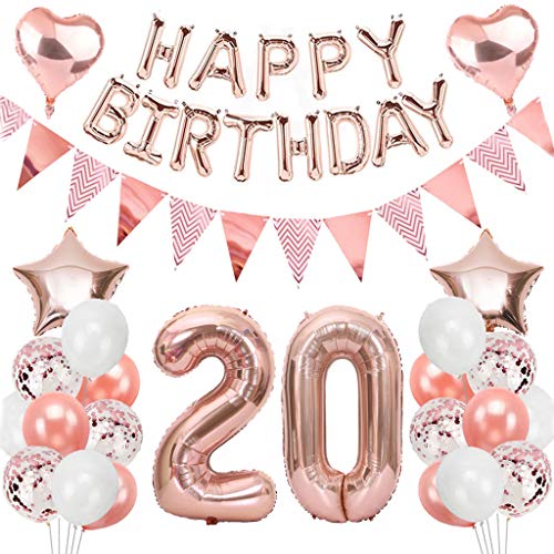 Ouceanwin Geburtstagsdeko 20 Jahre Mädchen, Rosegold Luftballon 20. Geburtstag Deko Set, Folienballon Zahl 20, Helium Ballon Happy Birthday Girlande für 20. Geburtstag Kinder Party Deko von Ouceanwin