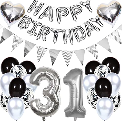 Ouceanwin Geburtstagsdeko 31 Jahre Männer Frauen, Luftballon 31. Geburtstag Dekoration, Folienballon Zahl 31 Silber, Helium Ballon Happy Birthday Girlande für 31. Geburtstag Party Deko von Ouceanwin
