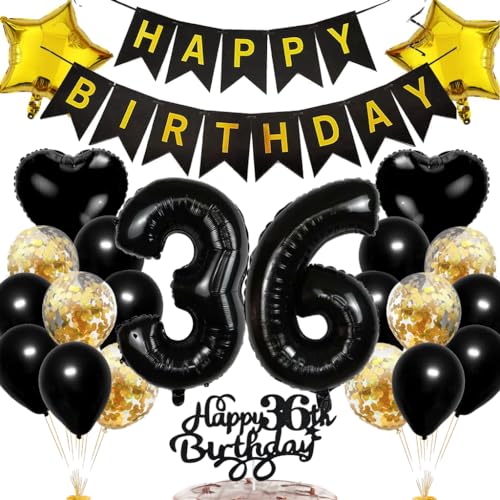 Ouceanwin Geburtstagsdeko 36 Jahre Mann Frau, Luftballon 36. Geburtstag Deko Schwarz Gold Tortendeko 36 Geburtstag Ballon Happy Birthday Deko, Geburtstag 36 Männer Deko 36. Geburtstag Frauen von Ouceanwin