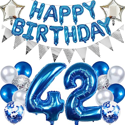Ouceanwin Geburtstagsdeko 42 Jahre Männer, Blau Ballon 42. Geburtstag Mann, Luftballon Happy Birthday Deko Geburtstags 42 Jahre Männer Deko 42. Geburtstag Party Dekoration Set von Ouceanwin