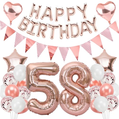 Ouceanwin Geburtstagsdeko 58 Jahre Frau, Rosegold Luftballon 58. Geburtstag Dekoration Set, Folienballon Zahl 58, Helium Ballon Happy Birthday Girlande für 58. Geburtstag Frauen Party Deko von Ouceanwin