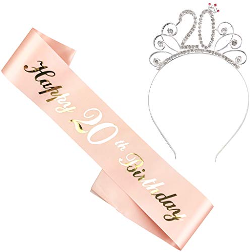 Ouceanwin Kristall Tiara Krone 20. Geburtstag Frauen Deko Set, Schärpe mit 'Happy 20th Birthday' Aufdruck für Frauen zum 20. Geburtstag von Ouceanwin