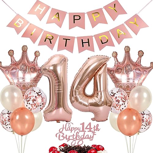Ouceanwin Luftballon 14. Geburtstag Deko Mädchen, Rosegold Geburtstagsdeko 14 Jahre Mädchen, Folienballon Happy Birthday Deko 14. Geburtstag Mädchen Kinder, Ballons 14. Geburtstag Dekoration Set von Ouceanwin