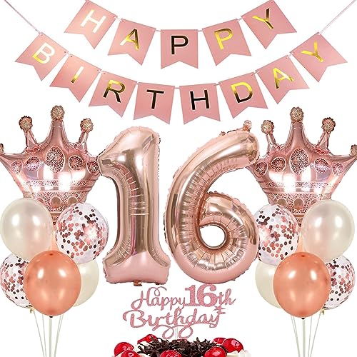 Ouceanwin Luftballon 16. Geburtstag Deko Mädchen, Rosegold Geburtstagsdeko 16 Jahre Mädchen, Folienballon Happy Birthday Deko 16. Geburtstag Mädchen Kinder, Ballons 16. Geburtstag Dekoration Set von Ouceanwin
