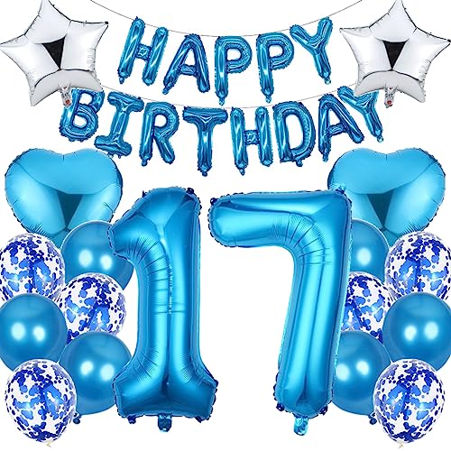 Ouceanwin Luftballon 17. Geburtstag Deko Jungen, Blau Geburtstagsdeko 17 Jahre Junge, Folienballon Happy Birthday Deko 17. Geburtstag Kinder, Ballons 17. Geburtstags Dekoration Set von Ouceanwin