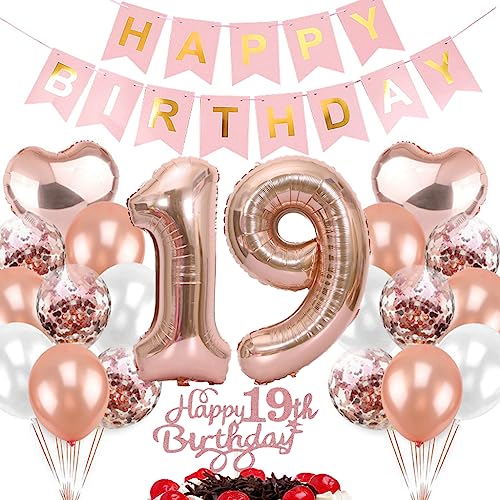 Ouceanwin Luftballon 19. Geburtstag Deko Mädchen, Rosegold Geburtstagsdeko 19 Jahre Mädchen, Folienballon Happy Birthday Deko 19. Geburtstag Mädchen Kinder, Ballons 19. Geburtstag Dekoration Set von Ouceanwin