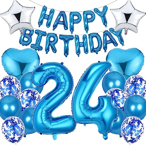Ouceanwin Luftballon 24. Geburtstag Deko Mann, Blau Geburtstagsdeko 24 Jahre Männer, Folienballon Happy Birthday Deko 24. Geburtstag Mann Frauen, Ballons 24. Geburtstag Dekoration Set von Ouceanwin
