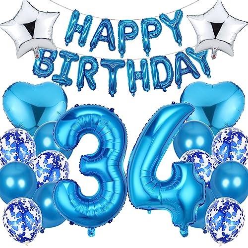 Ouceanwin Luftballon 34. Geburtstag Deko Mann, Blau Geburtstagsdeko 34 Jahre Männer, Folienballon Happy Birthday Deko 34. Geburtstag Mann Frauen, Ballons 34. Geburtstag Dekoration Set von Ouceanwin