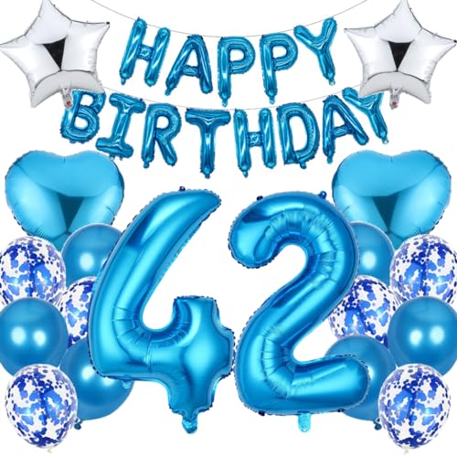 Ouceanwin Luftballon 42. Geburtstag Deko Mann, Blau Geburtstagsdeko 42 Jahre Männer, Folienballon Happy Birthday Deko 42. Geburtstag Mann Frauen, Ballons 42. Geburtstag Dekoration Set von Ouceanwin