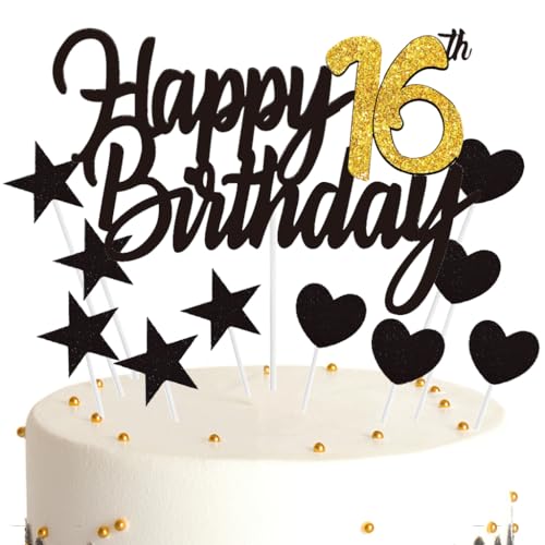 Ouceanwin 16. Geburtstag Kuchendeko, Happy 16th Birthday Deko Schwarz Gold, Glitzer Kuchendeko 16 Jahre Kuchen Topper 16. Geburtstag Junge Mädchen von Ouceanwin