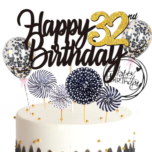 Ouceanwin Tortendeko 32. Geburtstag Frau Mann, Schwarz Kuchen Topper Happy 32th Birthday, Glitzer Kuchen Deko Geburtstag Junge 32 Jahre Cake Topper Geburtstags Deko 32 Jahre Frauen Männer von Ouceanwin