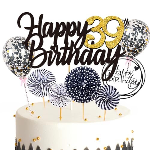Ouceanwin Tortendeko 39. Geburtstag Frau Mann, Schwarz Gold, 8 Stück, Kuchendeko, Happy 39th Birthday, Glitzer Kuchen Deko Geburtstag Junge 39 Jahre Frauen Männer von Ouceanwin