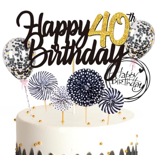 Ouceanwin Kuchendeko 40. Geburtstag Frau Mann, Schwarz-Gold, 8 Stück, Kuchen Topper, Happy 40th Birthday, Glitzer Deko von Ouceanwin